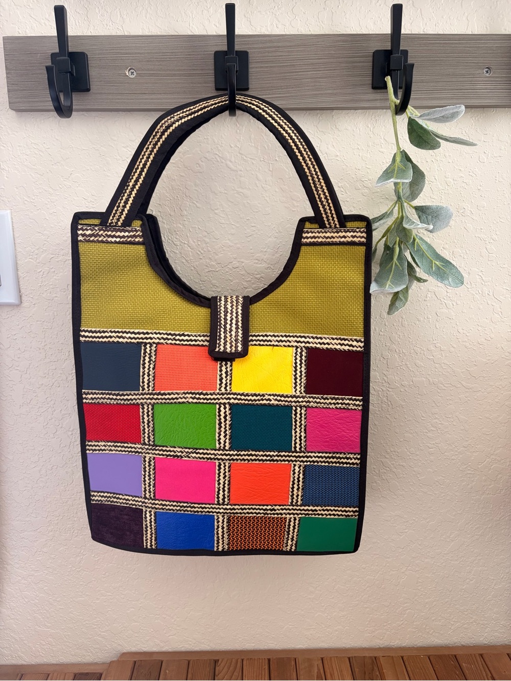 Handmade Color Block Artisan Patchwork Woven Tote, Statement Shoulder Bag